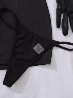 Women Chemise Black Lace Up Leopard Print Backless Lingerie 3-Piece Sets