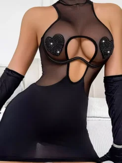 Women Chemise Black Lace Up Leopard Print Backless Lingerie 3-Piece Sets