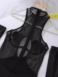 Women Chemise Black Lace Up Leopard Print Backless Lingerie 3-Piece Sets