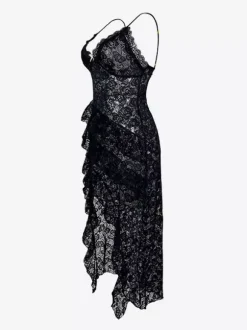 Women Chemise Dress Black Polyester Bows Backless Multi-Layered Ruffled Irregular Skirt Lingerie Sleepwear Pajama