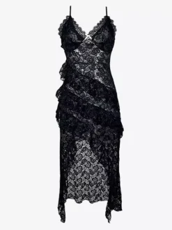 Women Chemise Dress Black Polyester Bows Backless Multi-Layered Ruffled Irregular Skirt Lingerie Sleepwear Pajama