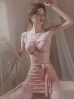 Women Chemise Pink Backless Lavender Sheer Mesh Corset Lingerie Dress