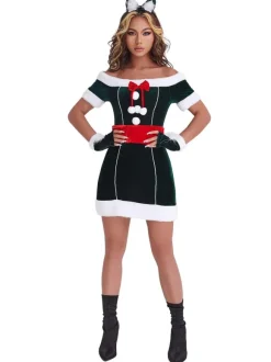 Women Christmas Costume Full Set Tunic Dress Deep Green Polyester Fiber Sash Dress Gloves Polyester Color Block Christmas Holidays Costumes