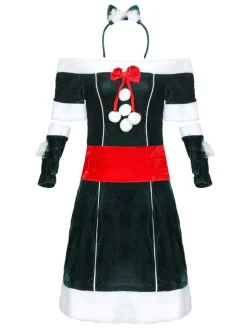 Women Christmas Costume Full Set Tunic Dress Deep Green Polyester Fiber Sash Dress Gloves Polyester Color Block Christmas Holidays Costumes