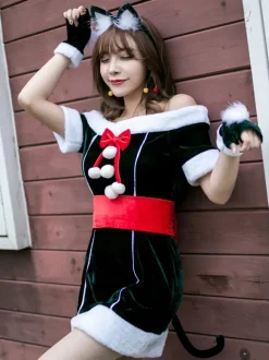 Women Christmas Costume Full Set Tunic Dress Deep Green Polyester Fiber Sash Dress Gloves Polyester Color Block Christmas Holidays Costumes