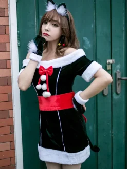 Women Christmas Costume Full Set Tunic Dress Deep Green Polyester Fiber Sash Dress Gloves Polyester Color Block Christmas Holidays Costumes