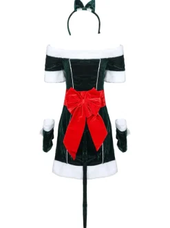 Women Christmas Costume Full Set Tunic Dress Deep Green Polyester Fiber Sash Dress Gloves Polyester Color Block Christmas Holidays Costumes