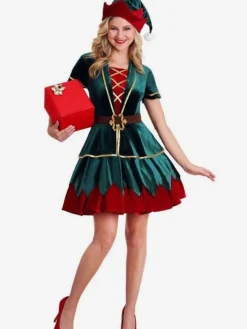 Women Christmas Costume Green Polyester Fiber Dress Hat Color Block Holidays Costumes Full Set