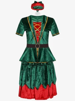 Women Christmas Costume Green Polyester Fiber Dress Hat Color Block Holidays Costumes Full Set