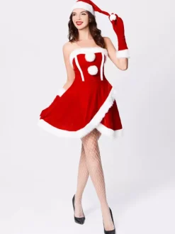 Women Christmas Set Furry Pom Pom Red Dress Christmas Holidays Costumes