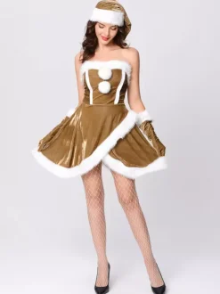 Women Christmas Set Furry Pom Pom Red Dress Christmas Holidays Costumes