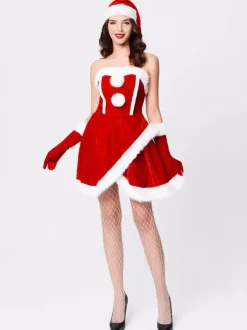 Women Christmas Set Furry Pom Pom Red Dress Christmas Holidays Costumes