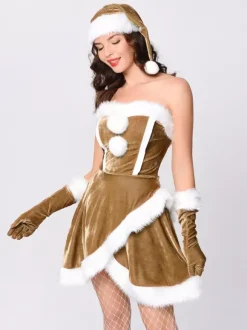 Women Christmas Set Furry Pom Pom Red Dress Christmas Holidays Costumes