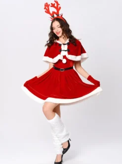 Women Christmas Set Red Furry Skater Dress Christmas Holidays Costumes
