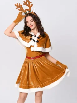 Women Christmas Set Red Furry Skater Dress Christmas Holidays Costumes