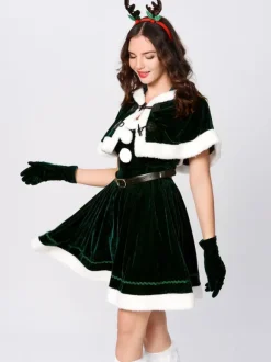 Women Christmas Set Red Furry Skater Dress Christmas Holidays Costumes