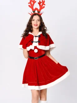 Women Christmas Set Red Furry Skater Dress Christmas Holidays Costumes