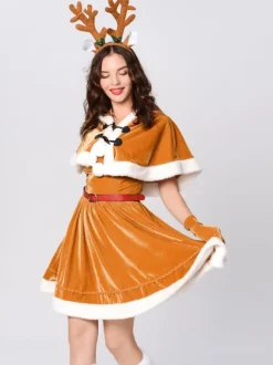 Women Christmas Set Red Furry Skater Dress Christmas Holidays Costumes