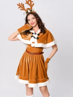 Women Christmas Set Red Furry Skater Dress Christmas Holidays Costumes