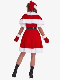Women Christmas Tunic Dress Red Polyester Fiber Gloves Sash Dress Polyester Color Block Christmas Holidays Costumes