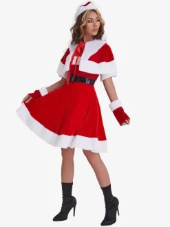 Women Christmas Tunic Dress Red Polyester Fiber Gloves Sash Dress Polyester Color Block Christmas Holidays Costumes