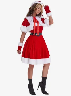 Women Christmas Tunic Dress Red Polyester Fiber Gloves Sash Dress Polyester Color Block Christmas Holidays Costumes