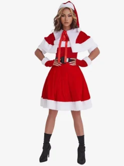 Women Christmas Tunic Dress Red Polyester Fiber Gloves Sash Dress Polyester Color Block Christmas Holidays Costumes