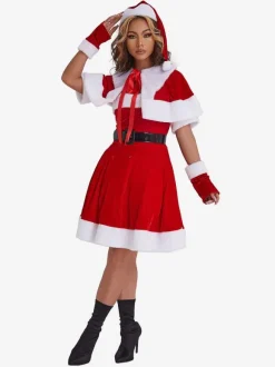 Women Christmas Tunic Dress Red Polyester Fiber Gloves Sash Dress Polyester Color Block Christmas Holidays Costumes