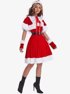 Women Christmas Tunic Dress Red Polyester Fiber Gloves Sash Dress Polyester Color Block Christmas Holidays Costumes