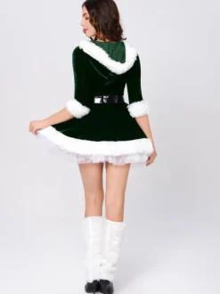 Women Christmas Tunic Red Polyester Fiber Sash Dress Polyester Color Block Christmas Holidays Costumes