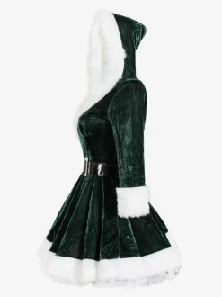 Women Christmas Tunic Red Polyester Fiber Sash Dress Polyester Color Block Christmas Holidays Costumes