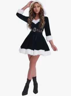 Women Christmas Tunic Red Polyester Fiber Sash Dress Polyester Color Block Christmas Holidays Costumes