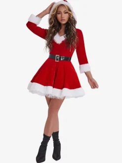 Women Christmas Tunic Red Polyester Fiber Sash Dress Polyester Color Block Christmas Holidays Costumes