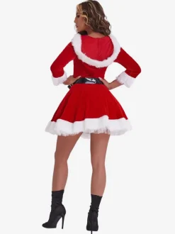 Women Christmas Tunic Red Polyester Fiber Sash Dress Polyester Color Block Christmas Holidays Costumes