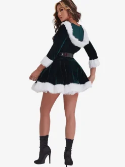 Women Christmas Tunic Red Polyester Fiber Sash Dress Polyester Color Block Christmas Holidays Costumes