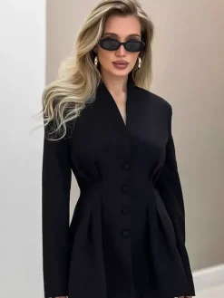 Women Collarless V Neck Cinched Waist Pleated Single Breasted Blazer Jacket