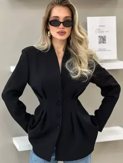 Women Collarless V Neck Cinched Waist Pleated Single Breasted Blazer Jacket