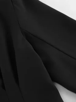 Women Collarless V Neck Cinched Waist Pleated Single Breasted Blazer Jacket