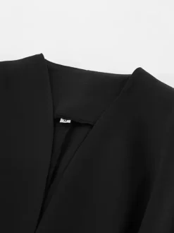 Women Collarless V Neck Cinched Waist Pleated Single Breasted Blazer Jacket