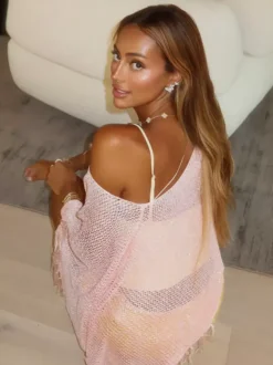 Women Cover Ups Pink Fringe Polyester Summer Sexy Bathing Suits