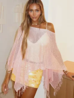 Women Cover Ups Pink Fringe Polyester Summer Sexy Bathing Suits