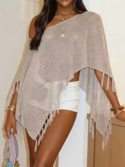 Women Cover Ups Pink Fringe Polyester Summer Sexy Bathing Suits