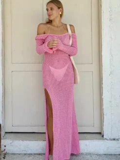 Women Cover Ups Pink Off-The-Shoulder Summer Beach Swimwear Dress