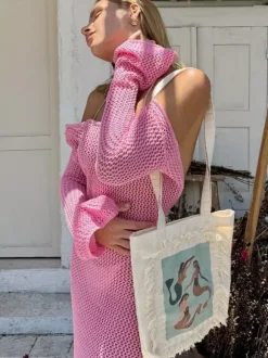 Women Cover Ups Pink Off-The-Shoulder Summer Beach Swimwear Dress