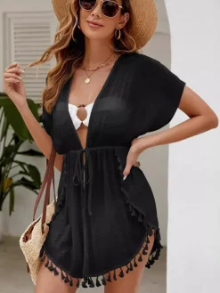 Women Cover Ups White Fringe Short Sleeves Polyester Summer Beach Swimming Suits