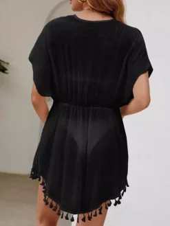 Women Cover Ups White Fringe Short Sleeves Polyester Summer Beach Swimming Suits