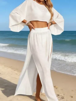 Women Cover Ups White Split Front Jewel Neck Long Sleeves Summer Beach Swimming Suits