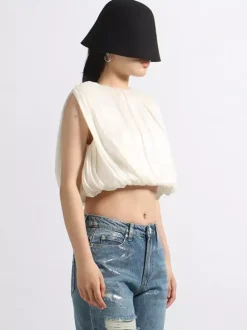 Women Crop Top Apricot Jewel Neck Chic Pleated Sleeveless Tops