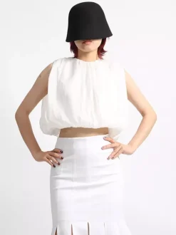 Women Crop Top Apricot Jewel Neck Chic Pleated Sleeveless Tops