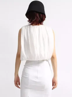 Women Crop Top Apricot Jewel Neck Chic Pleated Sleeveless Tops